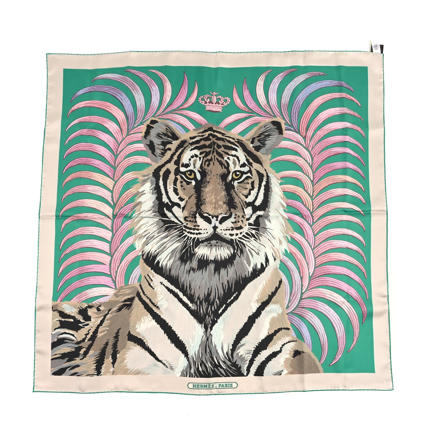 Silk Carre Double Face Tigre Royal Scarf 90 Vert Beige Multicolor