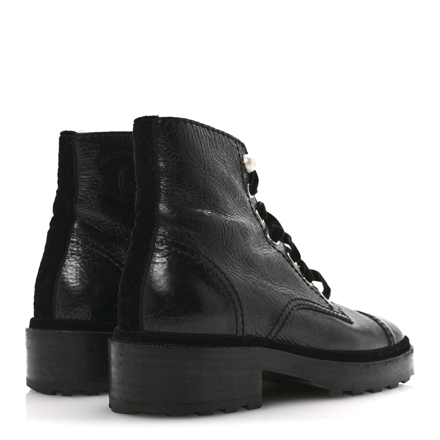 Shiny Calfskin Velvet Pearl Combat Short Boots 36 Black