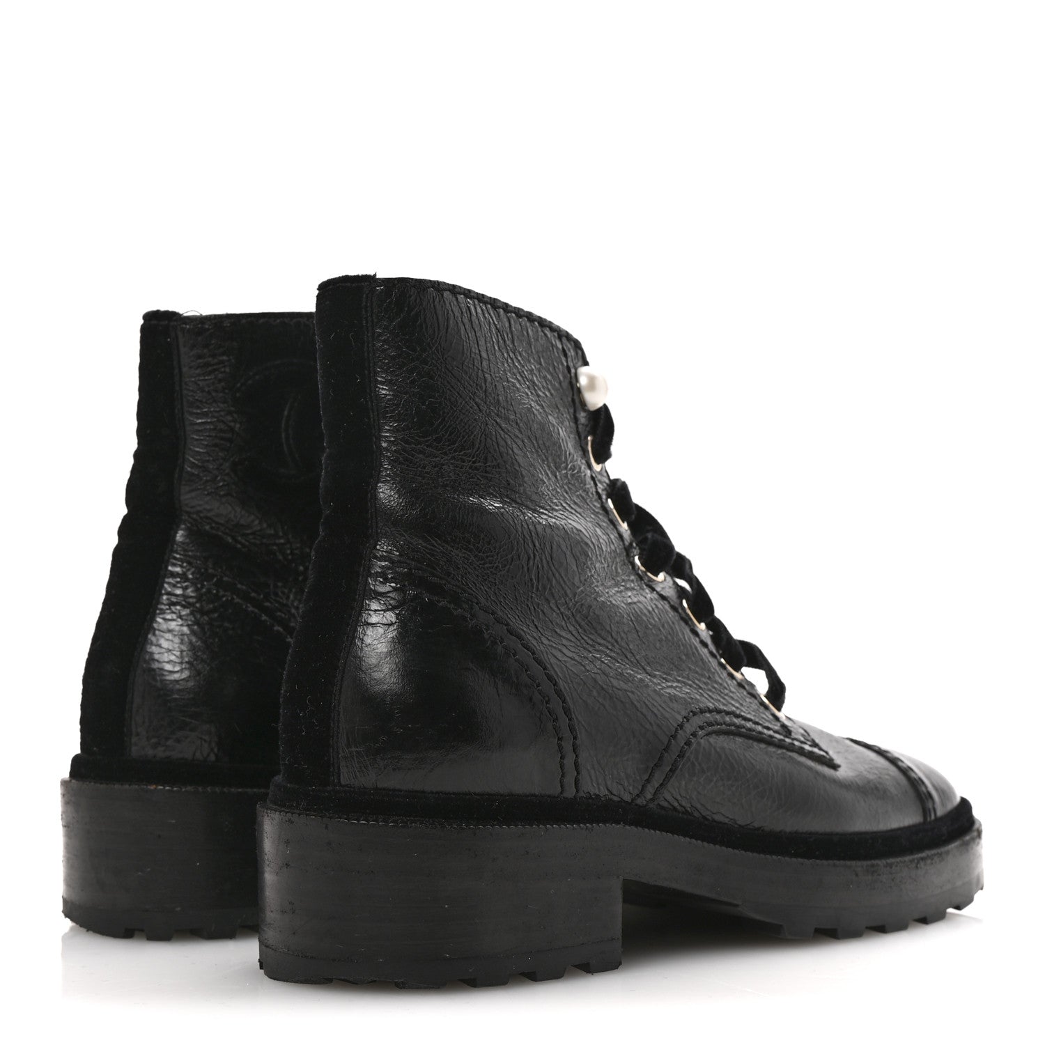 Chanel Shiny Calfskin Velvet Pearl Combat Short Boots 36 Black 5 of 12