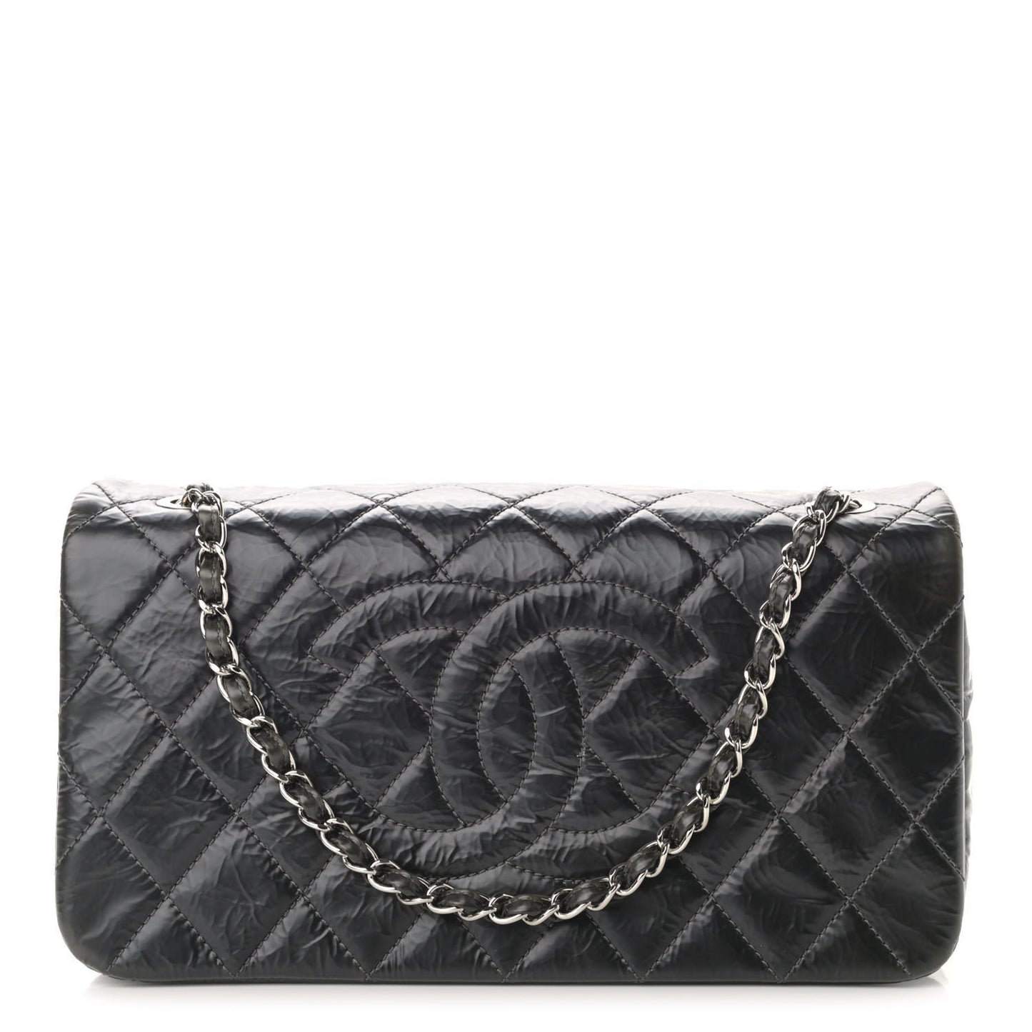 Glazed Calfskin Quilted CC Single Flap Black