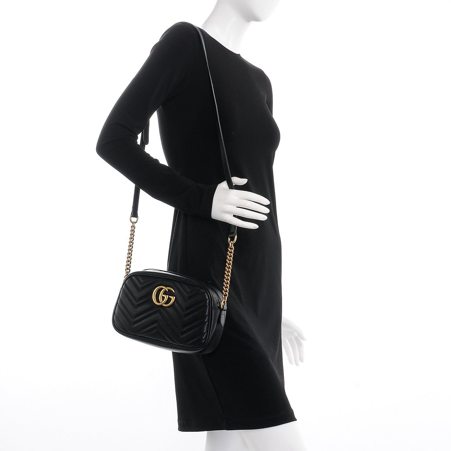 Gucci Calfskin Matelasse Small GG Marmont Chain Shoulder Bag Black 2 of 7