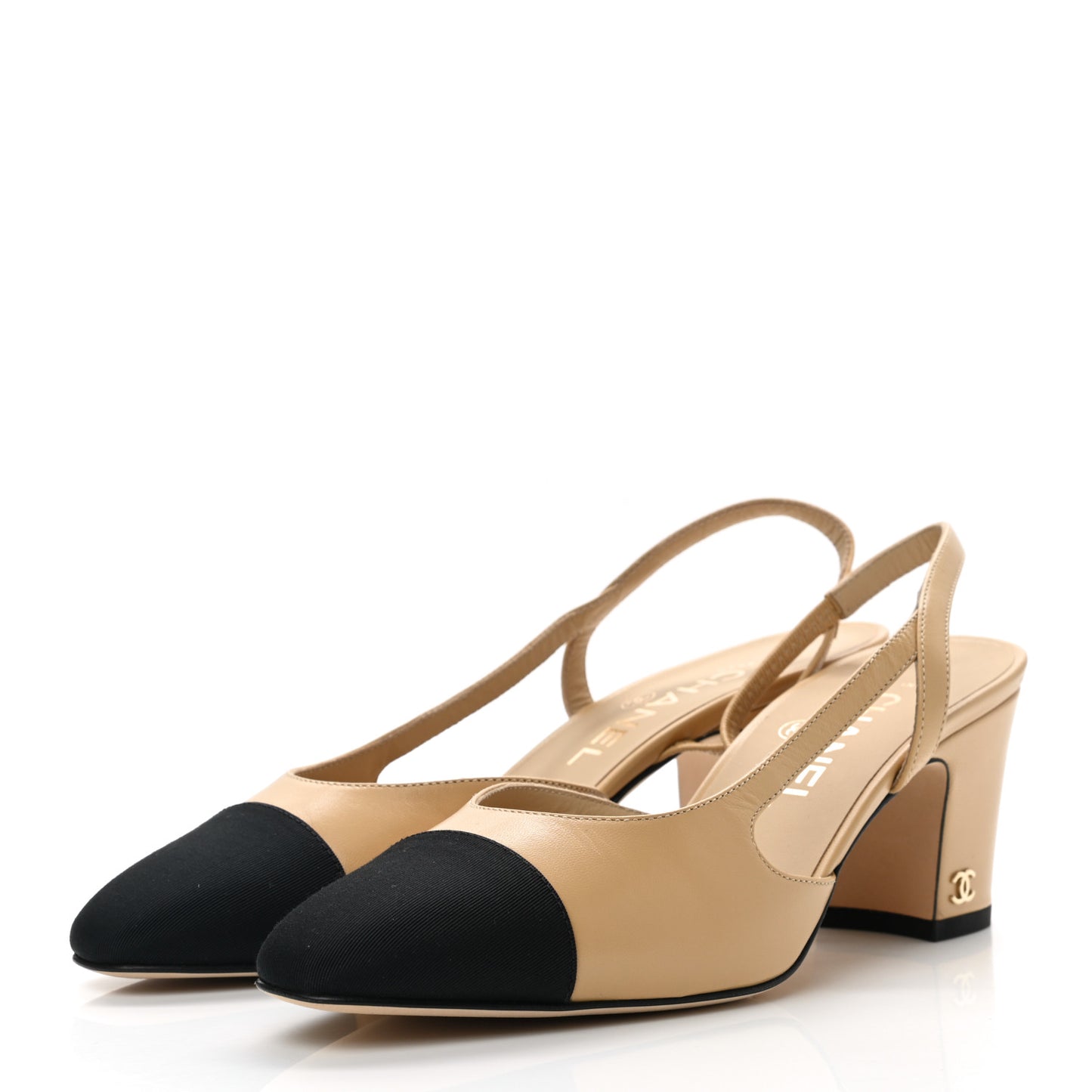 Goatskin Grosgrain Cap Toe CC Slingback Pumps 37.5 Beige Black