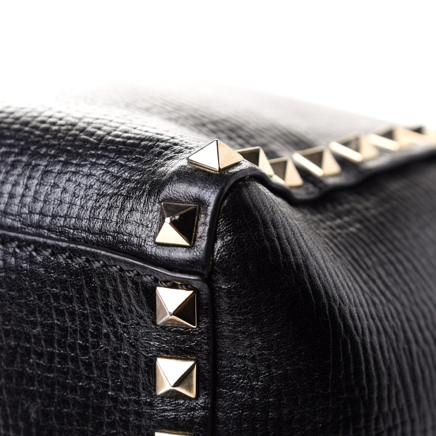 Textured Calfskin Rockstud Double Handle Tote Black