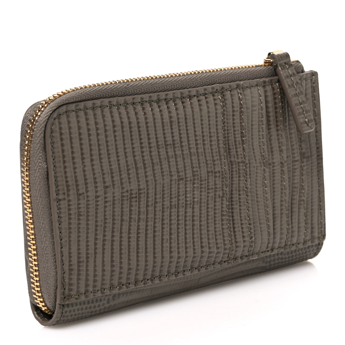 Calfskin Lizard Embossed Zip Card Holder Dark Khaki
