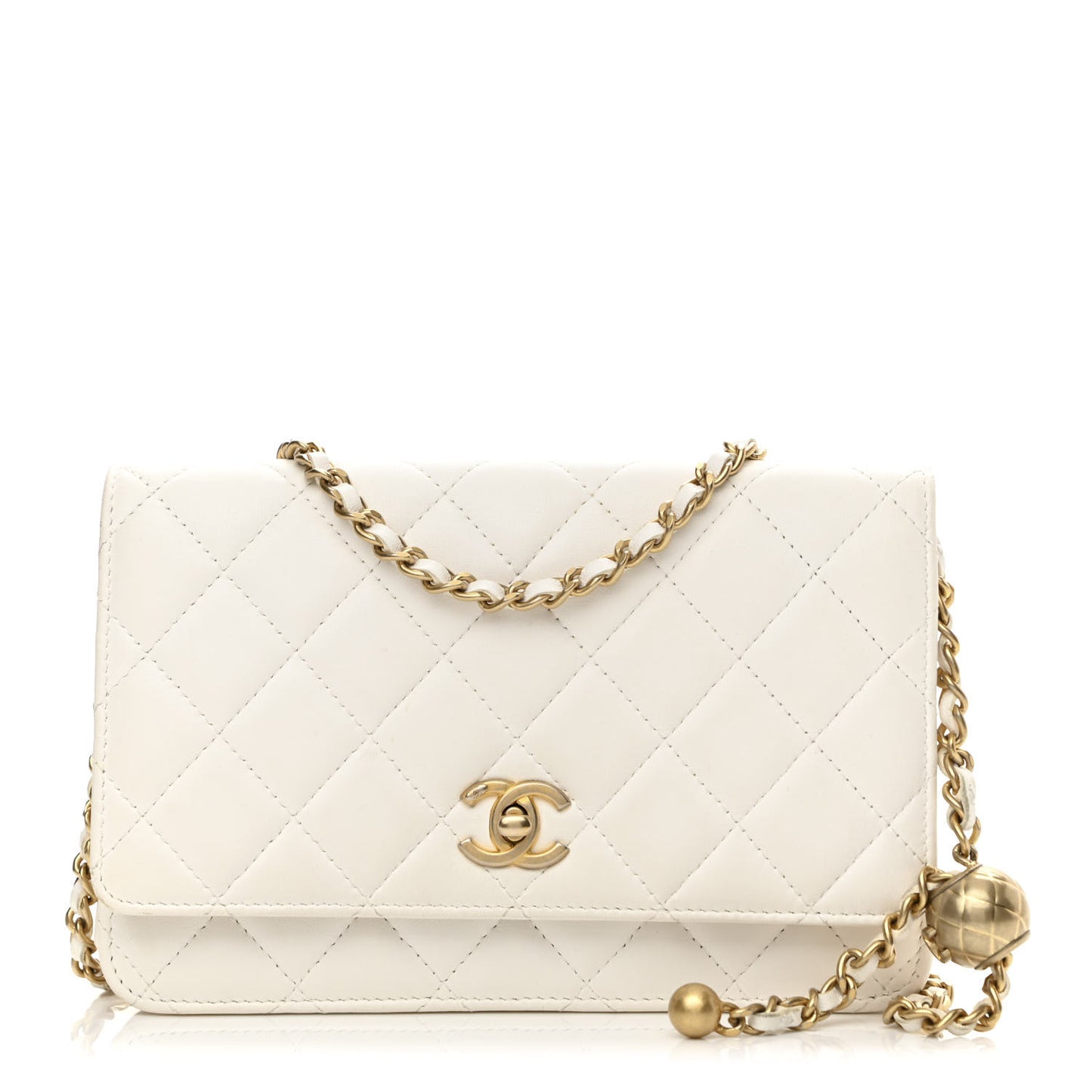 Lambskin Quilted CC Pearl Crush Wallet on Chain WOC White