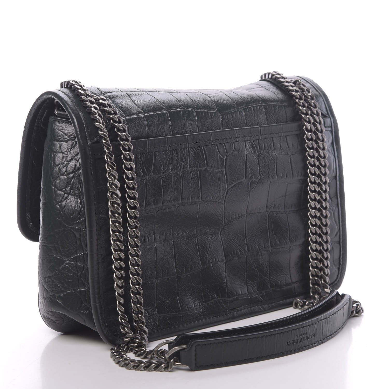Saint Laurent Calfskin Crocodile Embossed Matelasse Monogram Baby Niki Chain Satchel Black 3 of 9