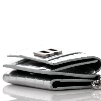Balenciaga Metallic Calfskin Crocodile Embossed Mini Hourglass Wallet on Chain Silver 7 of 8