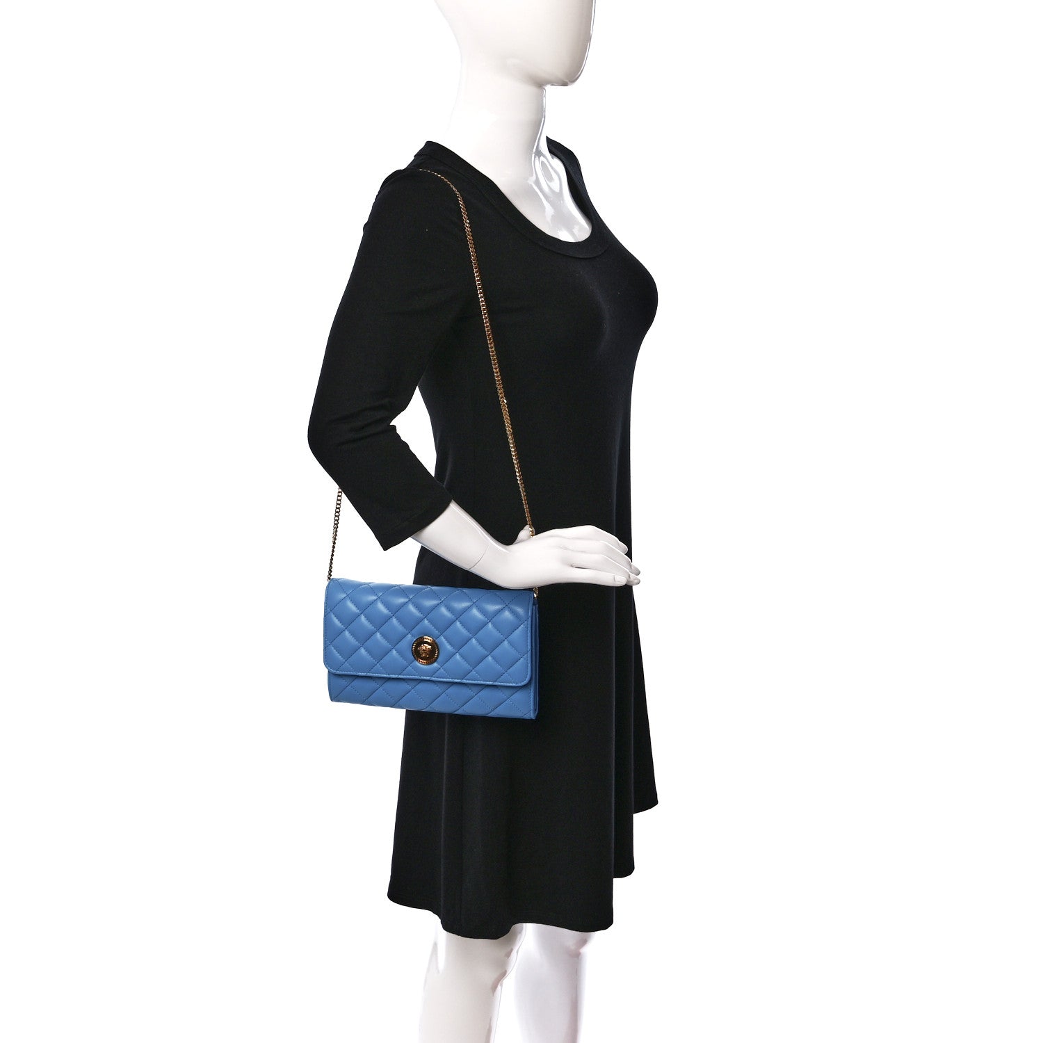 Versace Calfskin Icon Quilted Wallet On Chain Crossbody Blue 2 of 8