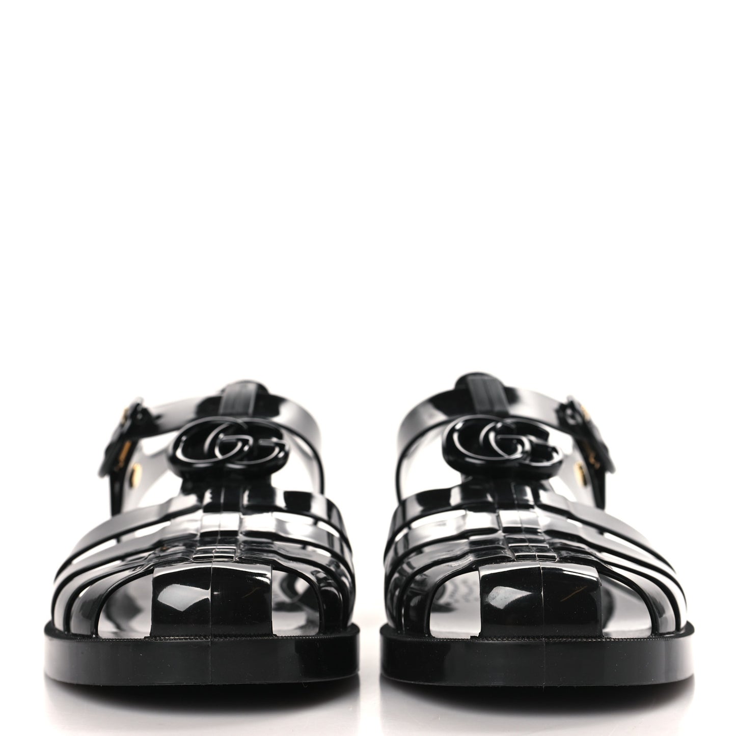 Shiny Rubber Double G Buckle Strap Sandals 38 Black