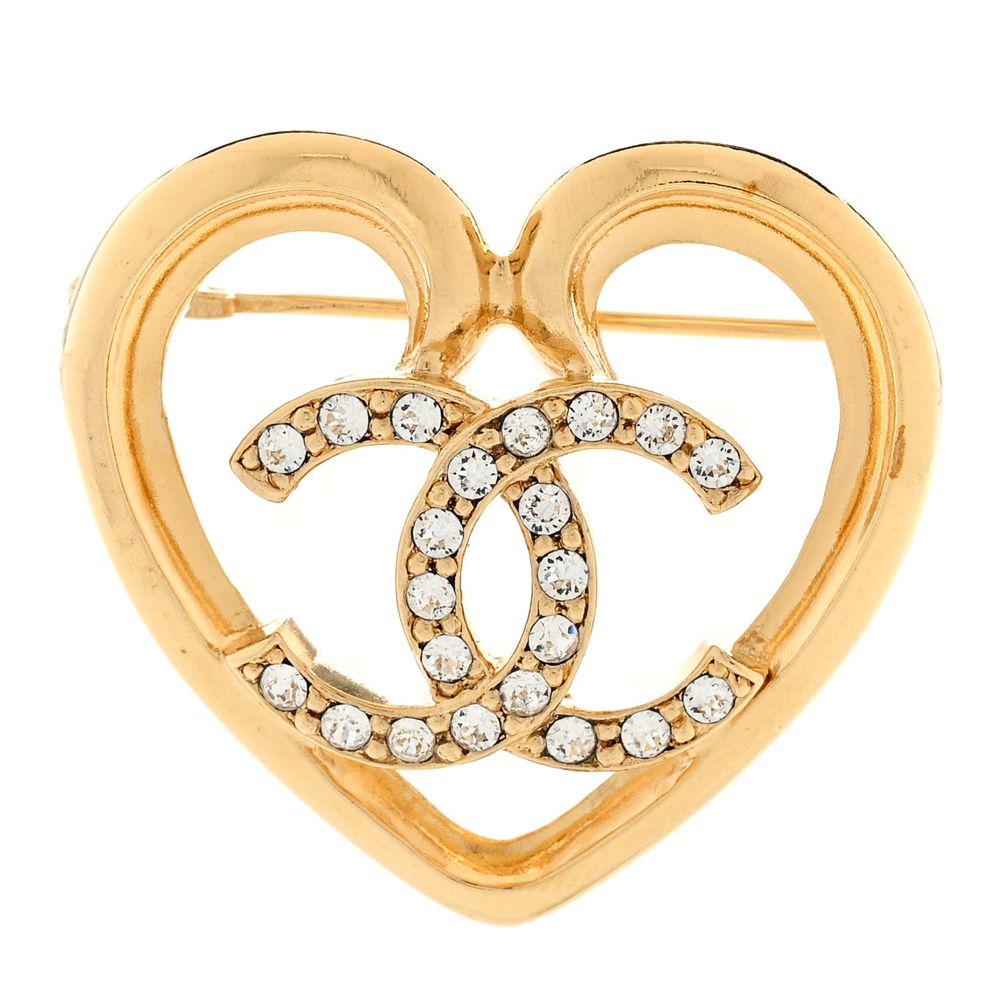Metal Crystal CC Logo Heart Brooch Gold