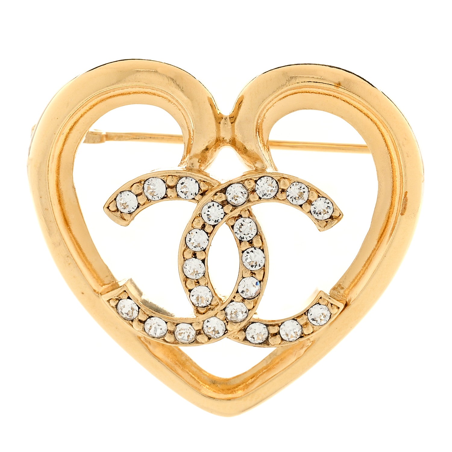 Chanel Metal Crystal CC Logo Heart Brooch Gold 1 of 4