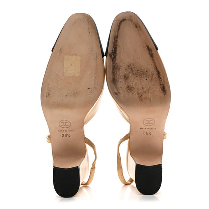 Chanel Goatskin Grosgrain Cap Toe CC Slingback Pumps 36.5 Beige Black 4 of 7