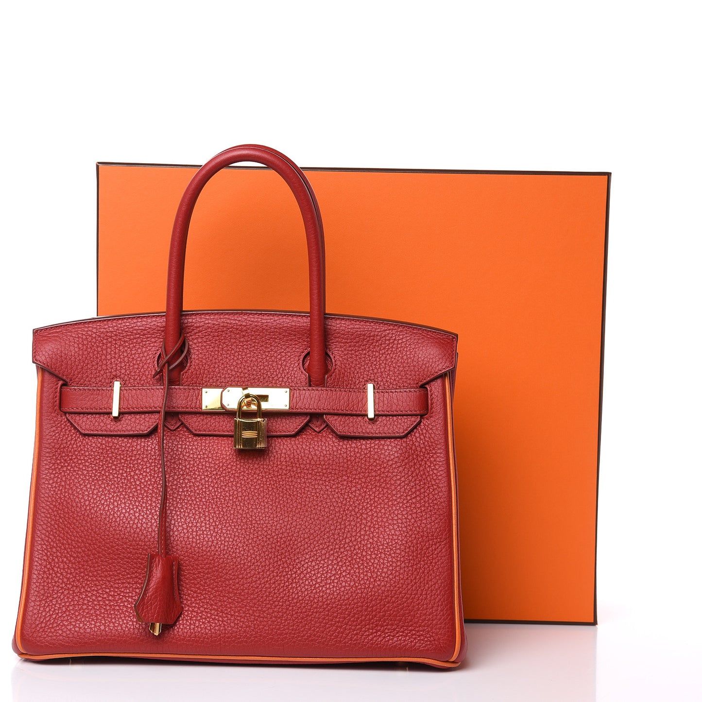 Taurillon Clemence Horseshoe Bi-Color Birkin 30 Rouge Garance and Orange