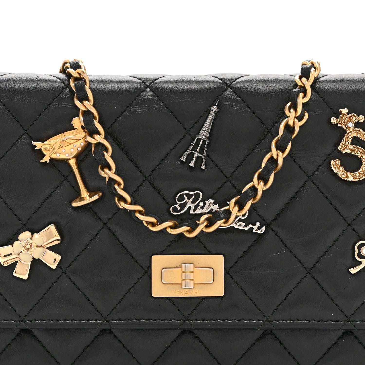 Chanel Aged Calfskin Quilted Lucky Charms 2.55 Reissue Wallet On Chain WOC Black 8 of 11
