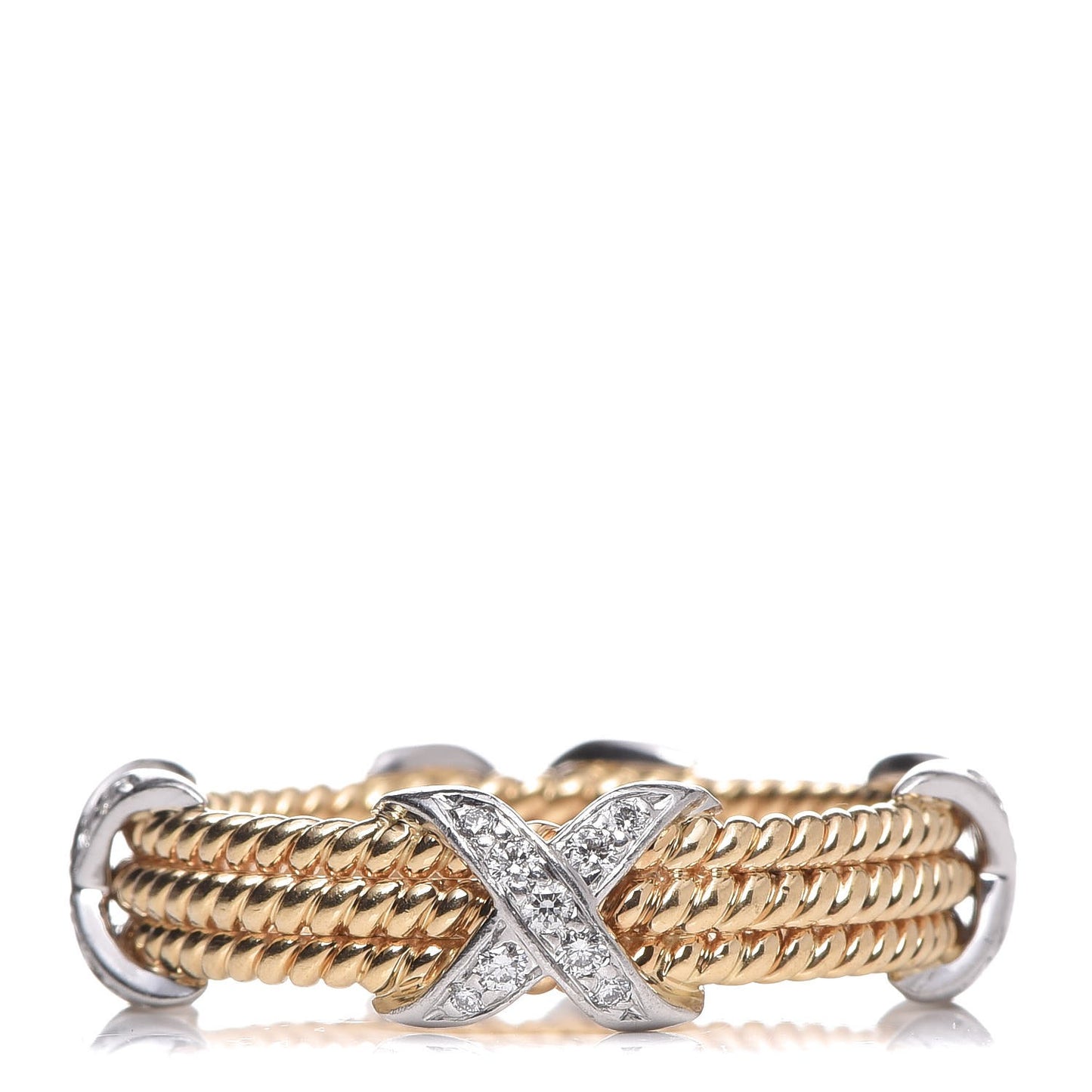 18K Yellow Gold Platinum Diamond Schlumberger Rope 3 Row X Ring 65 11