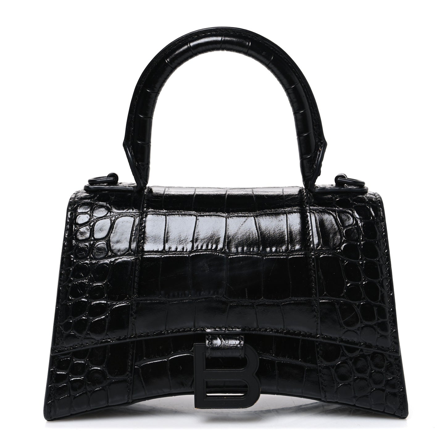 Shiny Calfskin Monochrome Crocodile Embossed Hourglass Top Handle Bag XS Black