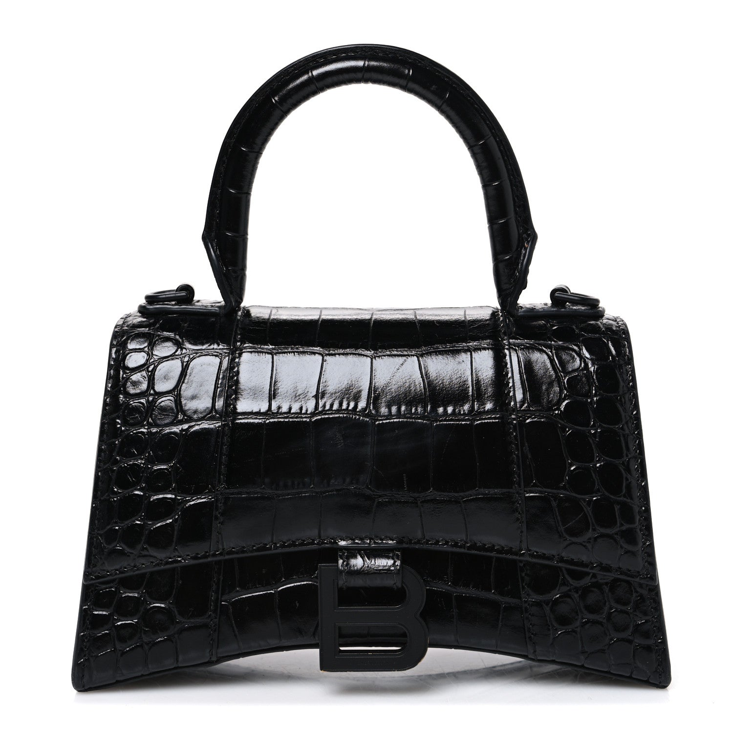 Balenciaga Shiny Calfskin Monochrome Crocodile Embossed Hourglass Top Handle Bag XS Black 1 of 10