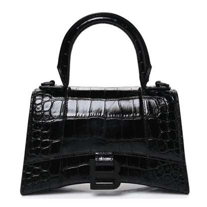 Balenciaga Shiny Calfskin Monochrome Crocodile Embossed Hourglass Top Handle Bag XS Black 1 of 10