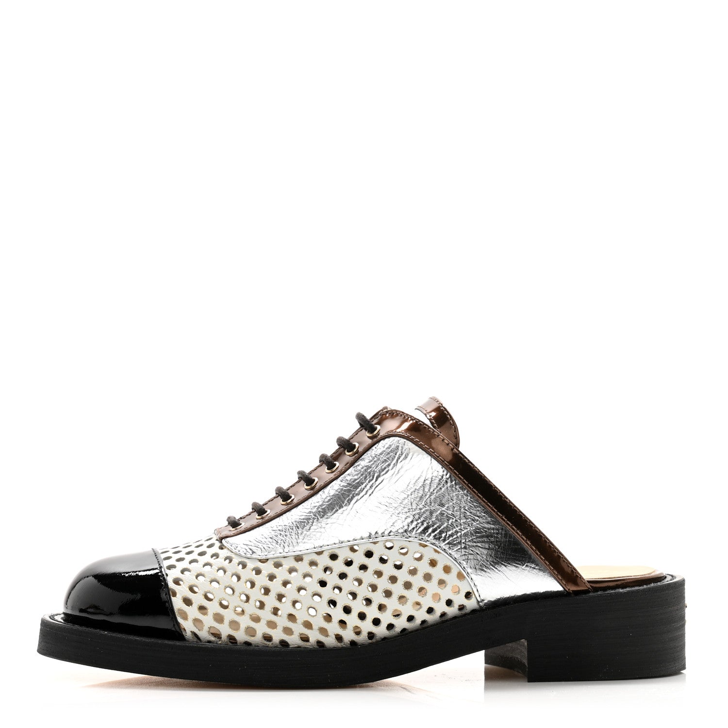 Chanel Lambskin Perforated Cap Toe Lace Up Mules 35.5 Silver Black 1 of 13