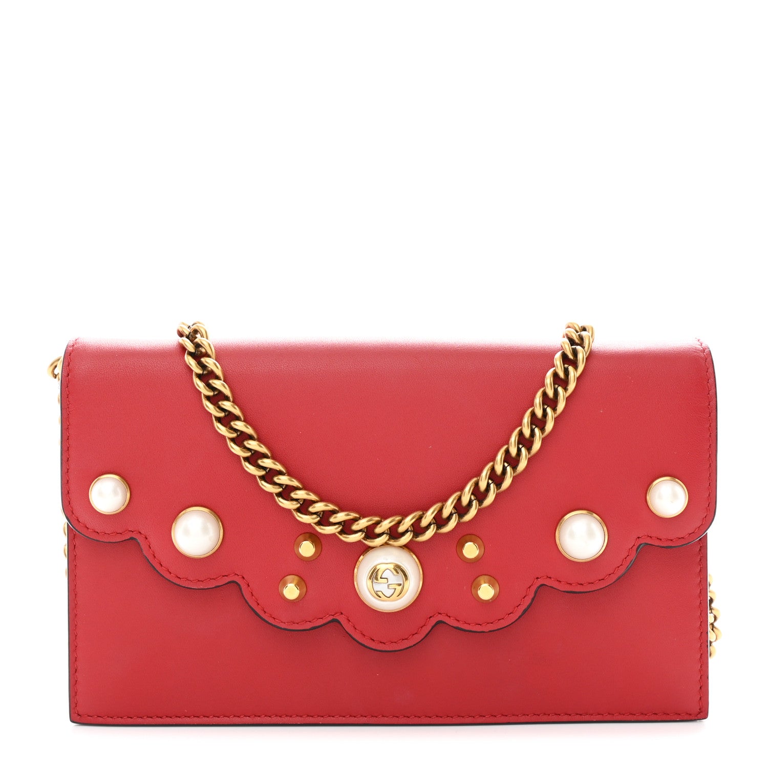 Gucci Calfskin Mini Peony Pearly Wallet on Chain Red 1 of 9