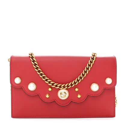 Gucci Calfskin Mini Peony Pearly Wallet on Chain Red 1 of 9