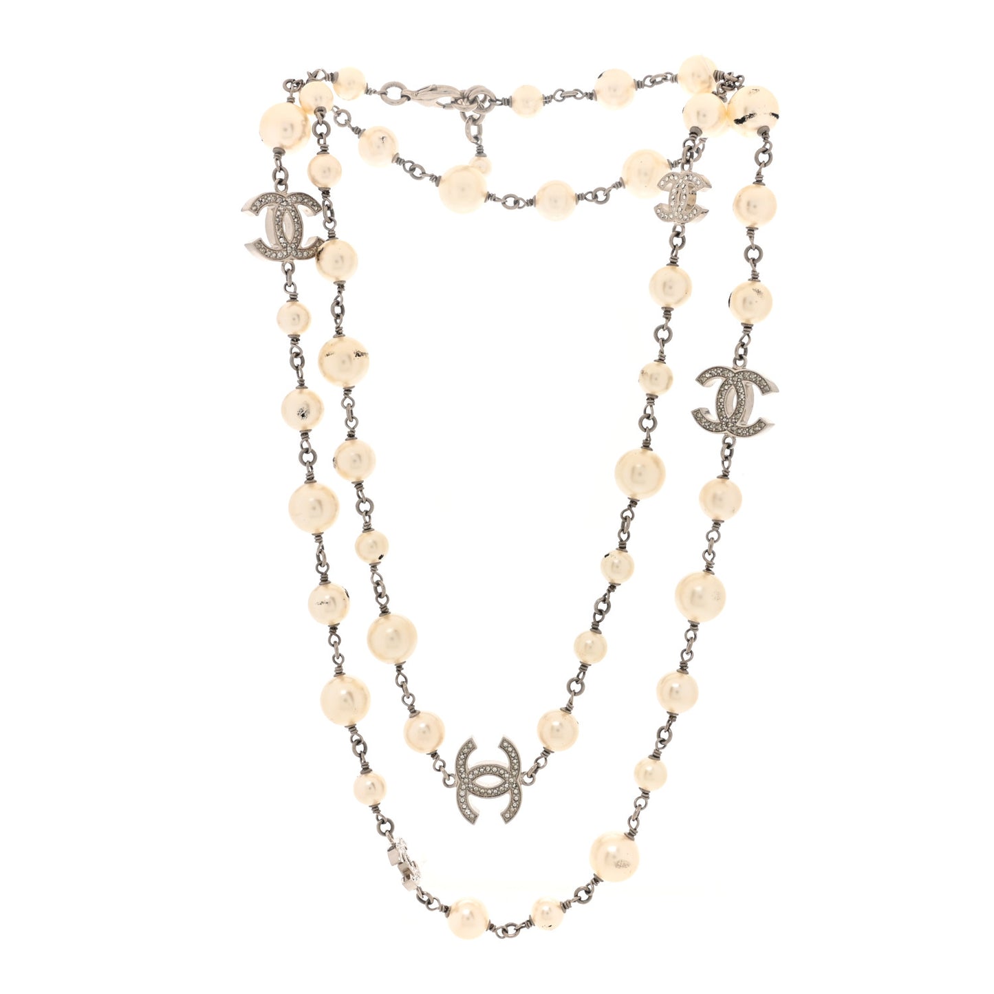 Crystal Pearl CC Long Necklace Silver