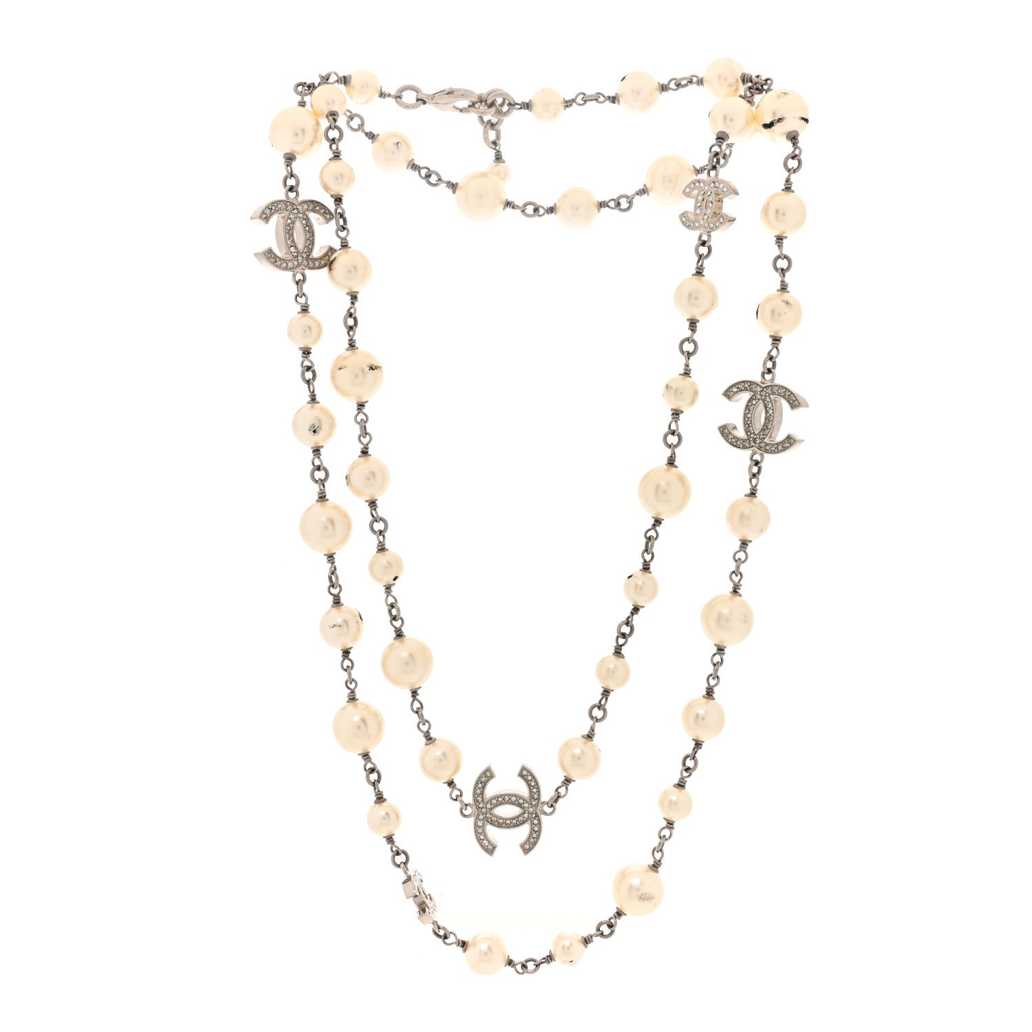 Chanel Crystal Pearl CC Long Necklace Silver 3 of 7