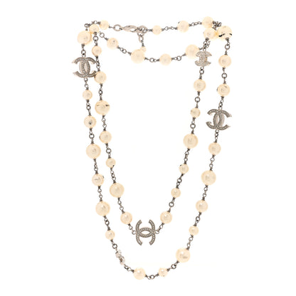 Chanel Crystal Pearl CC Long Necklace Silver 3 of 7