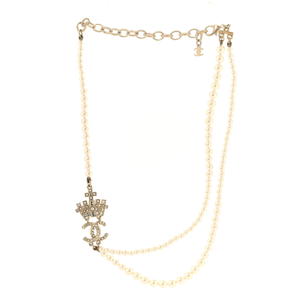 Pearl Crystal CC Crown Multi Strand Necklace Gold