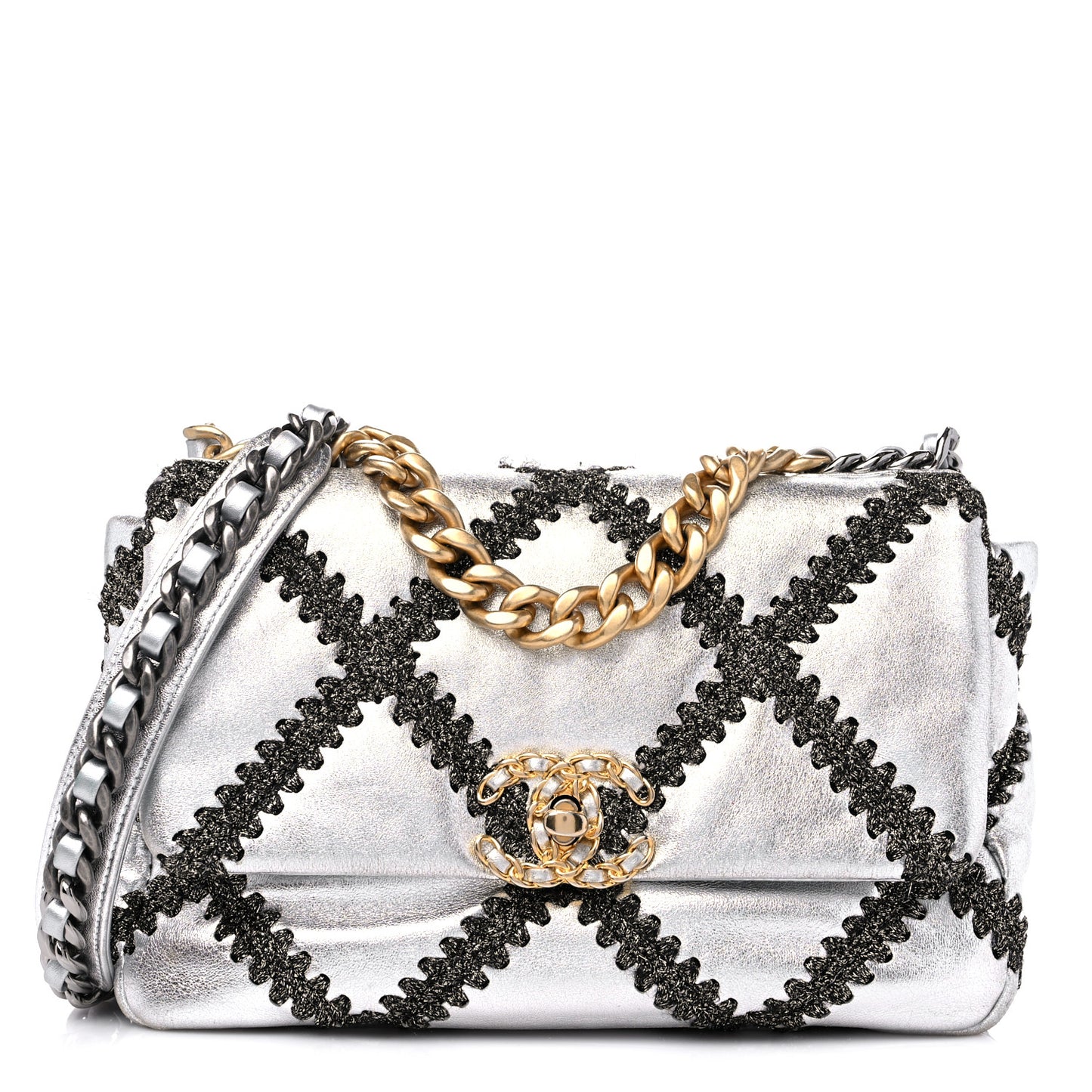 Metallic Calfskin Crochet Medium Chanel 19 Flap Silver