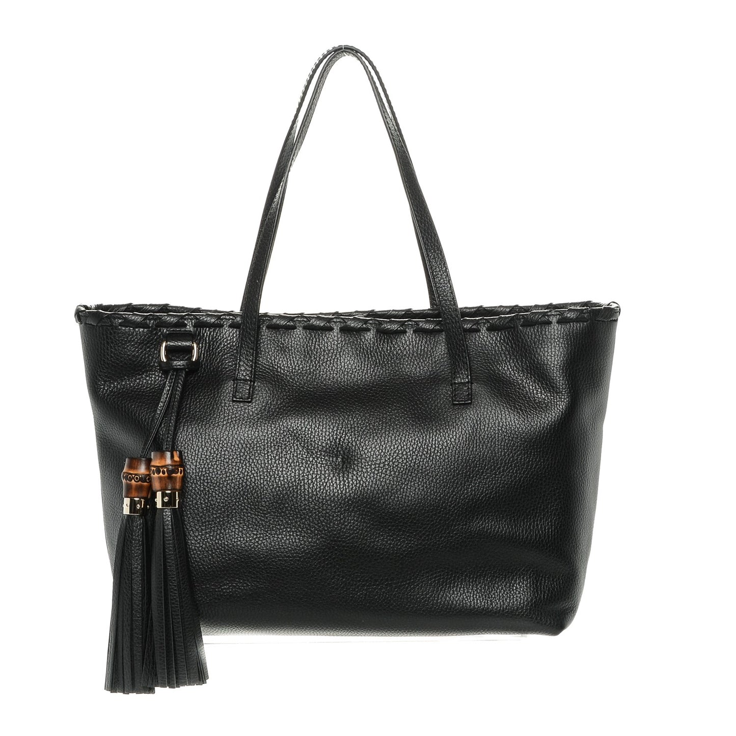 Pebbled Calfskin Bamboo Tassel Tote Black