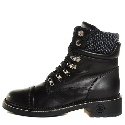 Chanel Calfskin Wool Combat Boots 36.5 Black 1 of 8