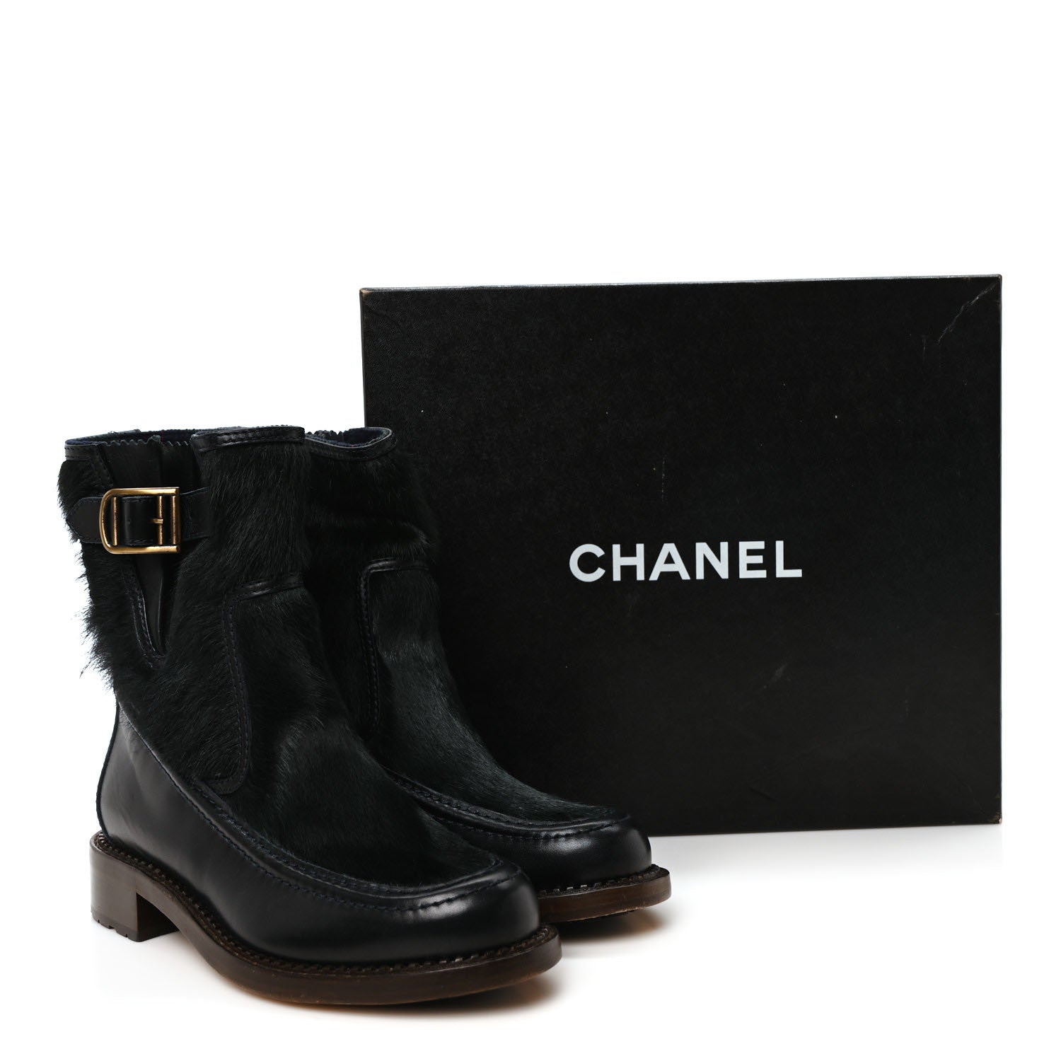 Chanel Calfskin Pony Hair Boots 38 Dark Green Blue 9 of 9