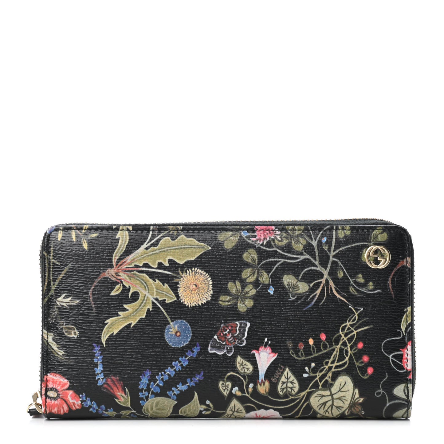 Shangai Calfskin Flora Knight Zip Around Wallet Black