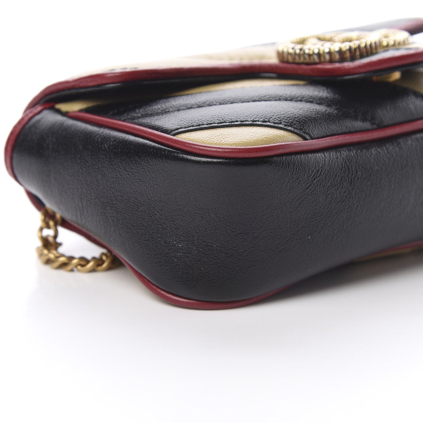 Vintage Effect Calfskin Matelasse Diagonal Striped Super Mini Torchon GG Marmont Shoulder Bag Black Beige