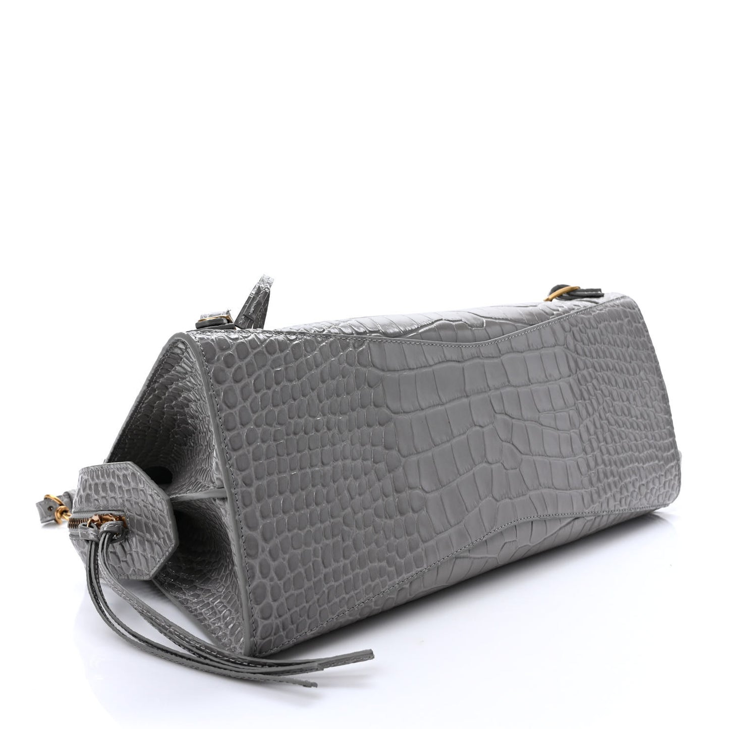 Shiny Supple Calfskin Crocodile Embossed Brass Hardware Neo Classic City Steel Grey