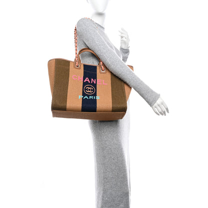 Chanel Straw Raffia Calfskin Striped Medium Deauville Tote Khaki Beige Navy Blue 2 of 11