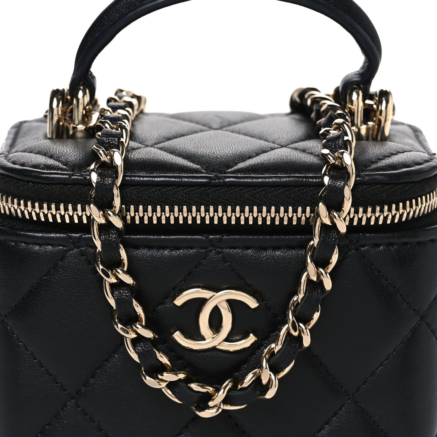 Lambskin Quilted Top Handle Mini Vanity Case With Chain Black