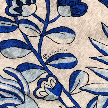 Hermes Cashmere Silk Fleurs et Papillons De Tissus Giant Triangle Scarf Naturel 3 of 4