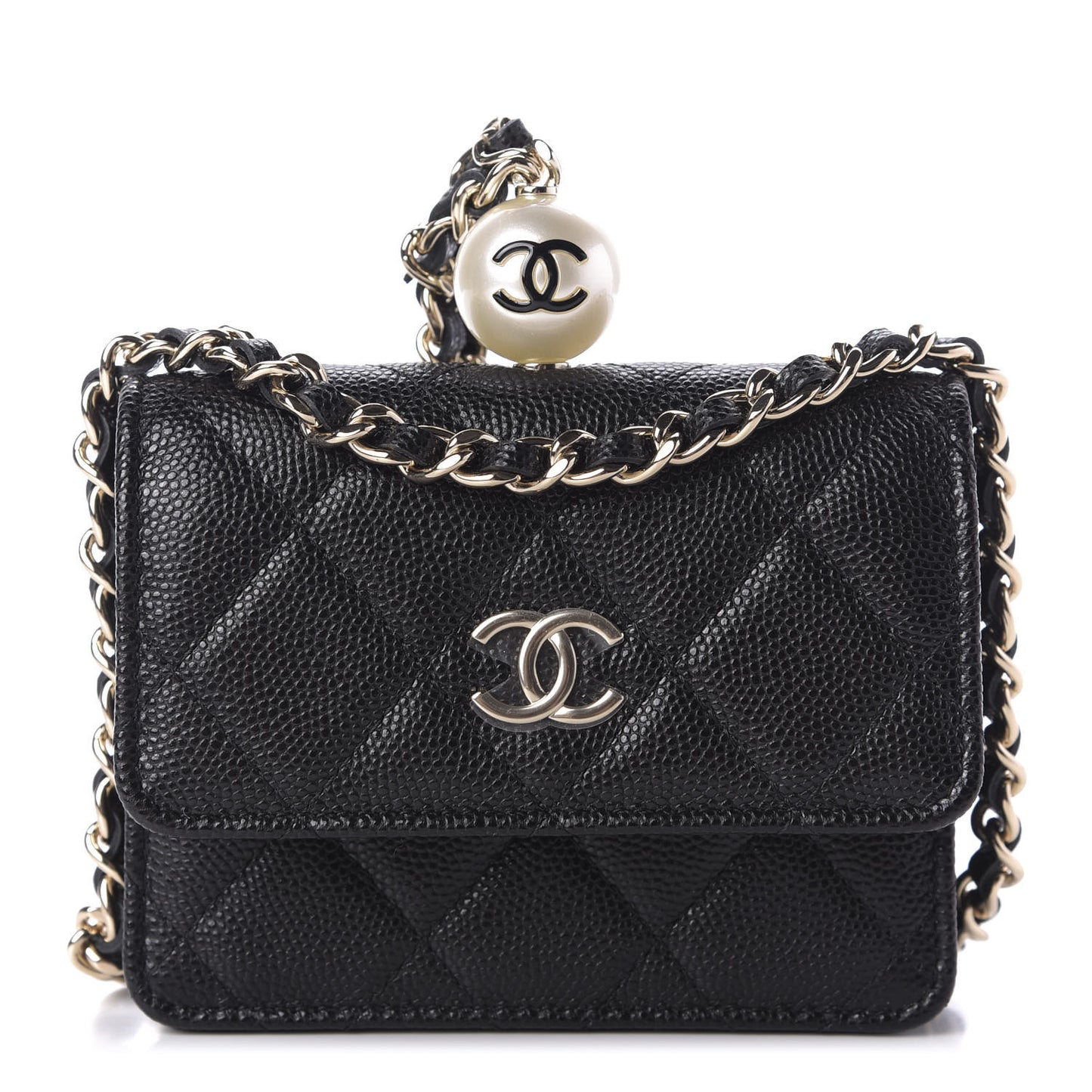 Caviar Quilted Mini Pearl On Top Coin Purse With Chain Black