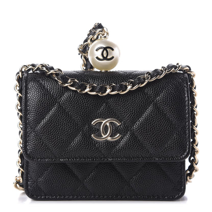 Chanel Caviar Quilted Mini Pearl On Top Coin Purse With Chain Black 1 of 11