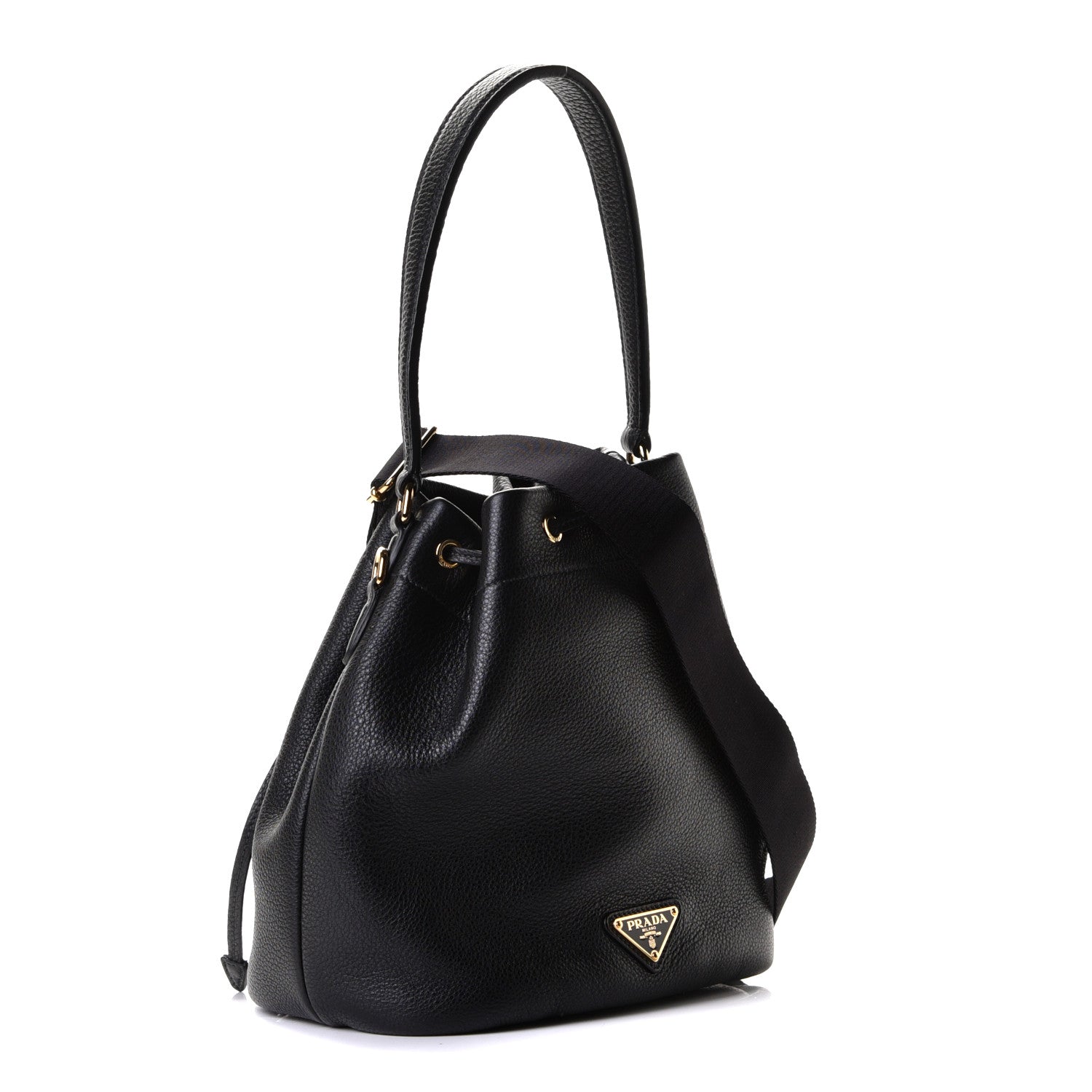 Prada Vitello Daino Soft Logo Drawstring Bucket Black 2 of 5