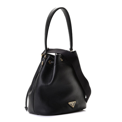 Prada Vitello Daino Soft Logo Drawstring Bucket Black 2 of 5