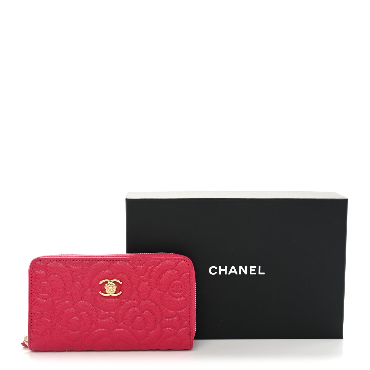 Caviar Camellia Embossed Large Zip Around Gusset Wallet Pink