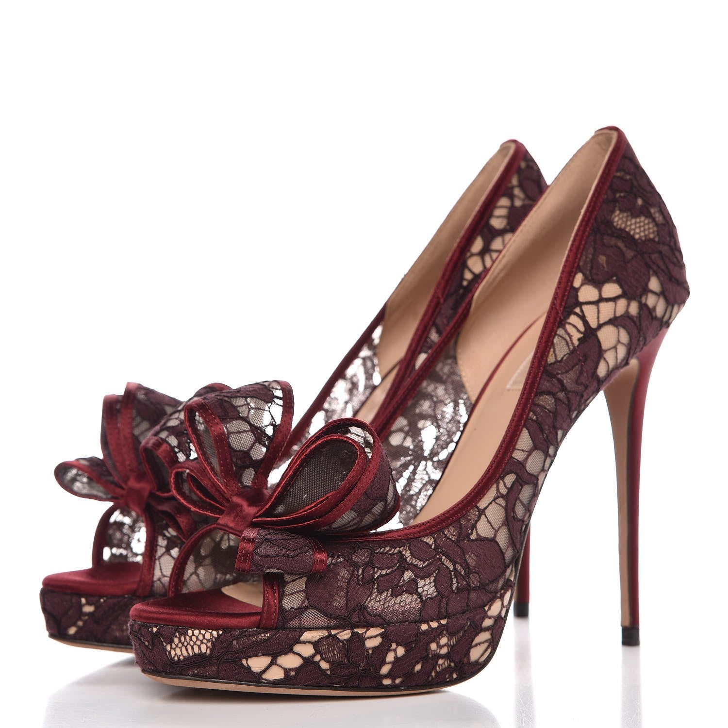 Valentino Garavani Satin Lace Couture Bow Peep Toe 30/125mm Platform Pumps 40.5 Rubino Carne 3 of 7
