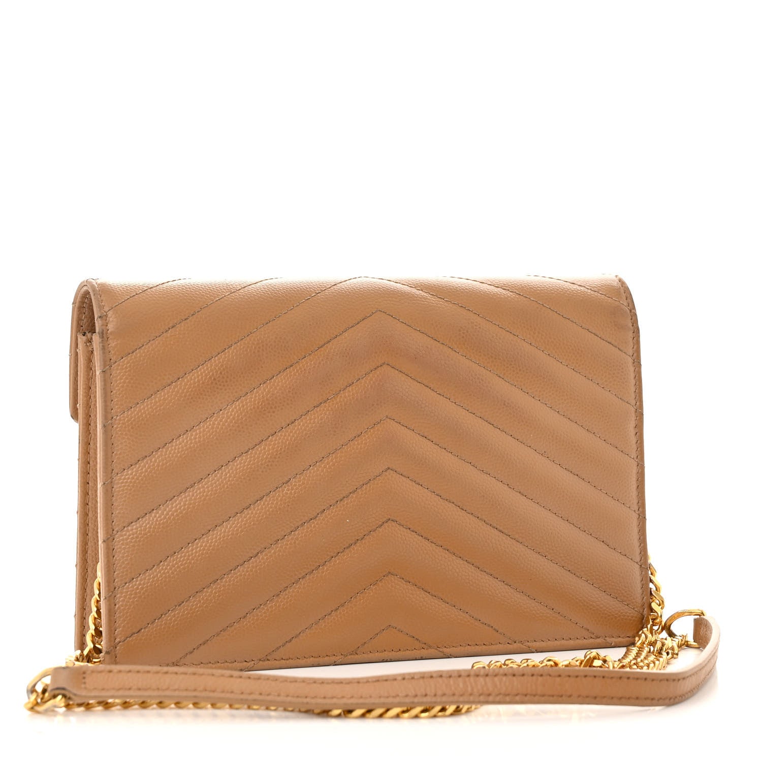 Saint Laurent Grain De Poudre Matelasse Chevron Monogram Envelope Chain Wallet Dark Beige 3 of 12
