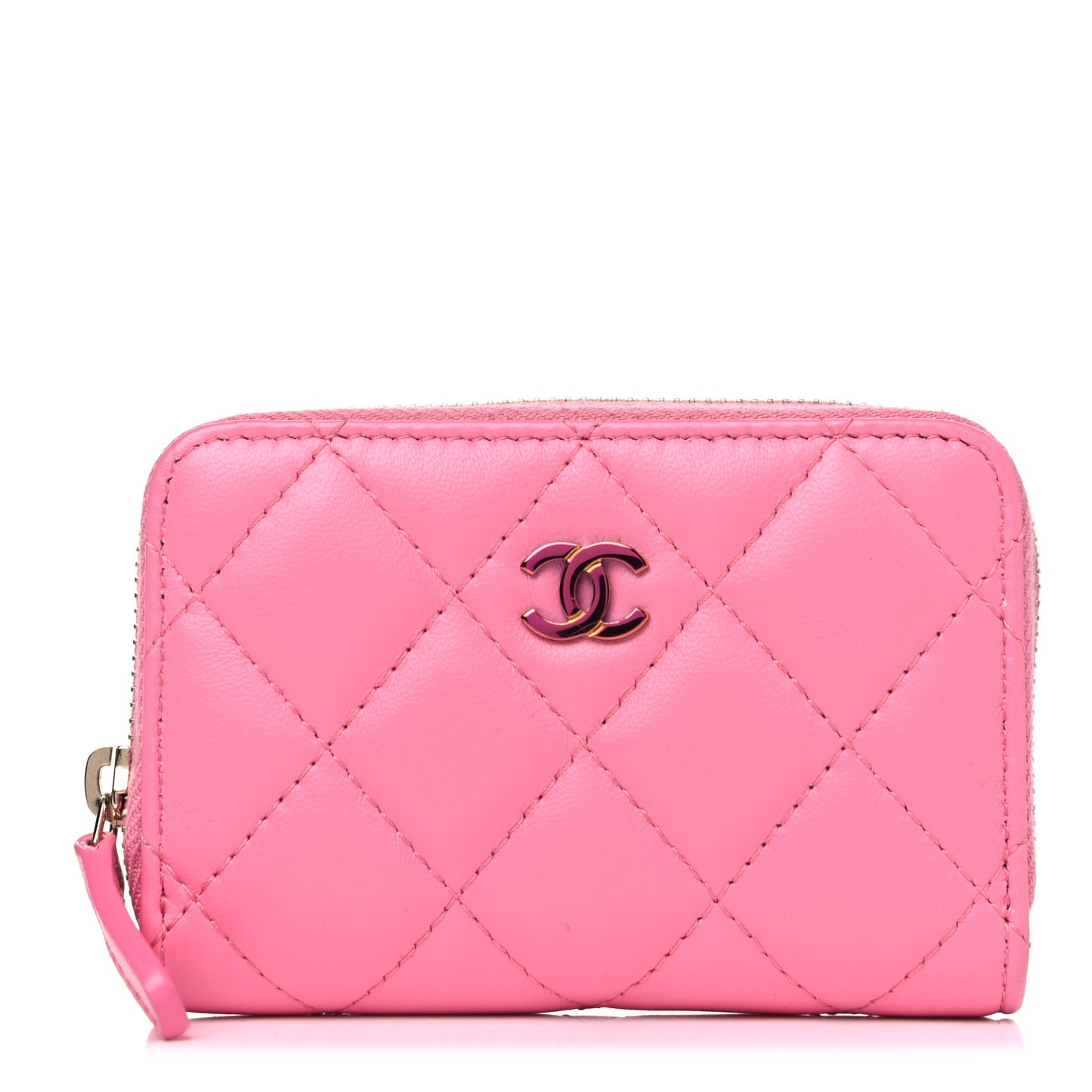 Lambskin Quilted Zip Around Coin Purse Wallet Pink Yellow