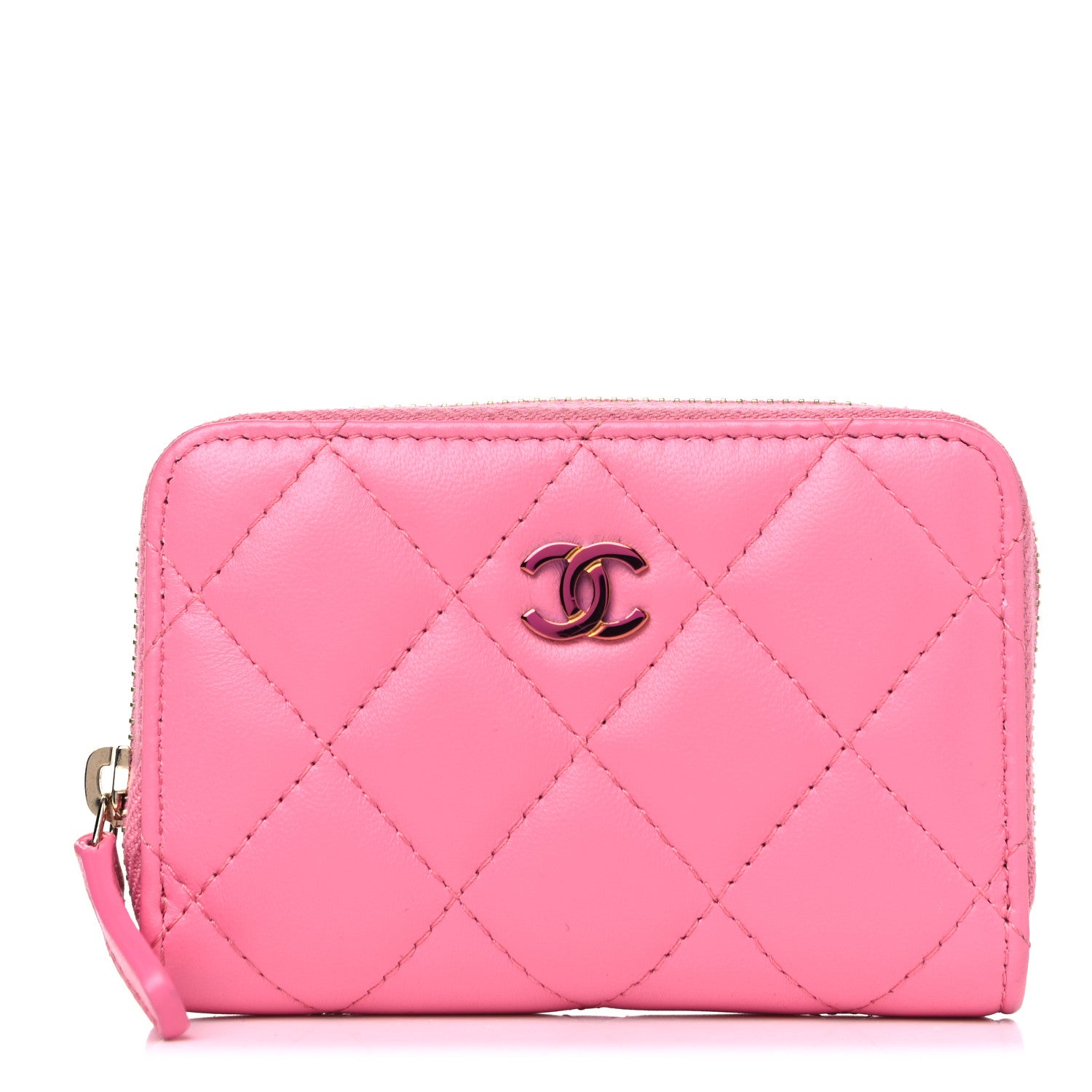 Chanel Lambskin Quilted Zip Around Coin Purse Wallet Pink Yellow 1 of 6
