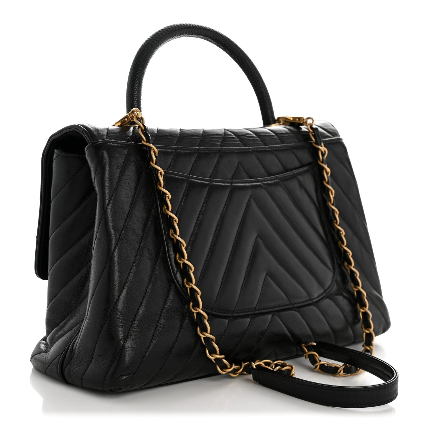 Chanel Calfskin Lizard Chevron Quilted Medium Coco Handle Flap Black 3 of 15
