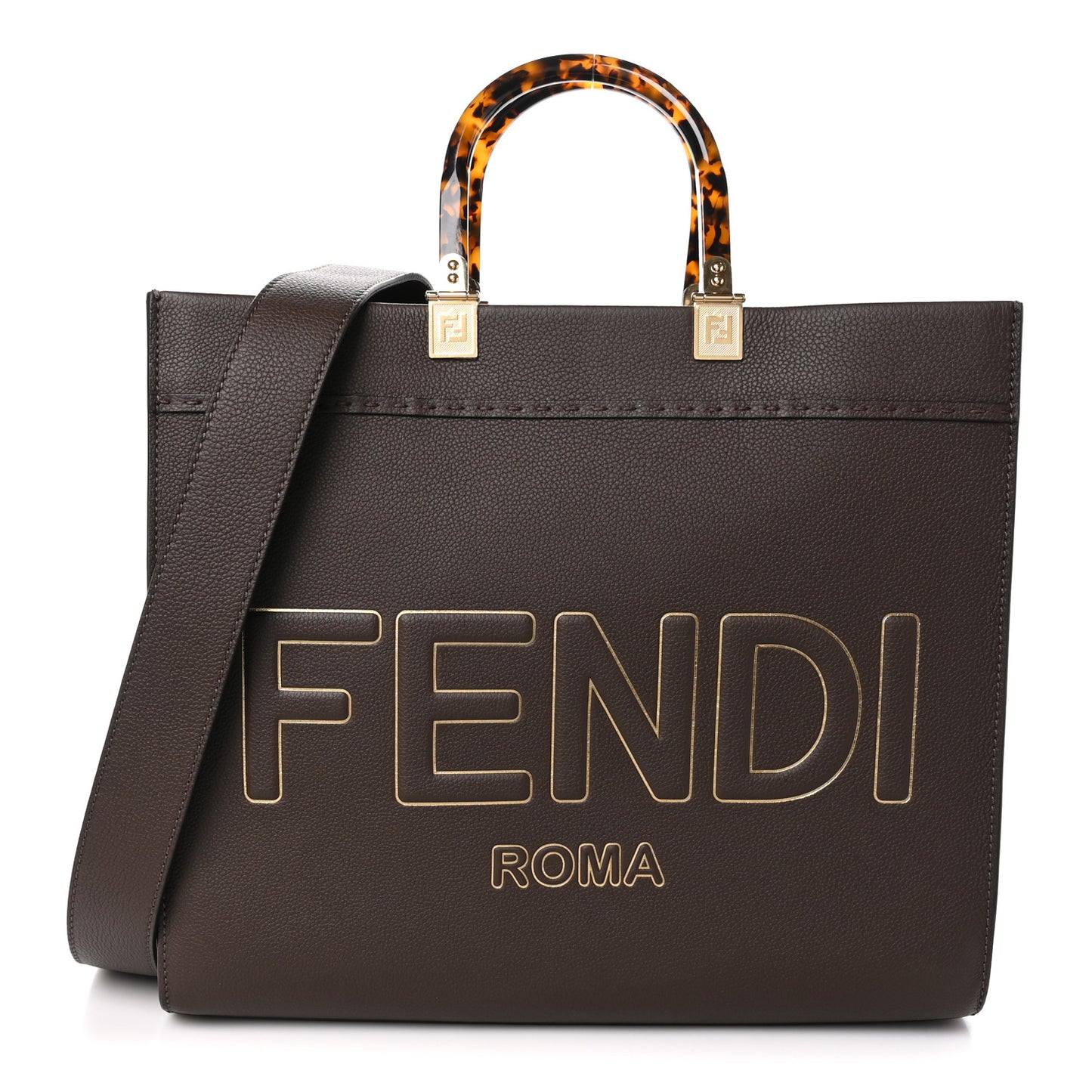 Vitello Cher Plexiglass Logo Debossed Medium Fendi Sunshine Shopper Tote Gianduia Gold